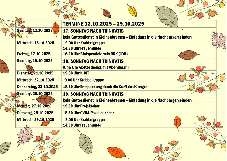Termine 12.10.2025-29.10.2025